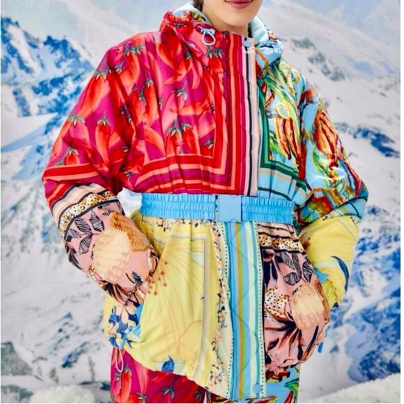 NEW FARM Rio Mixed Scarves Ski Puffer Jacket Snow Coat Red Blue Tropical Size L - Picture 1 of 14